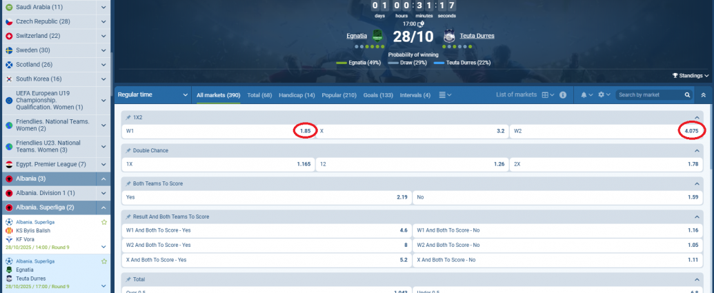 Egnatia VS Teuta koeficientët në 1xbet 28.10.2025