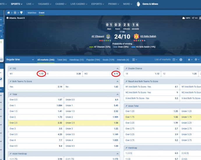 AF Elbasani VS Bylis koeficientët në 1xbet 24.10.2025