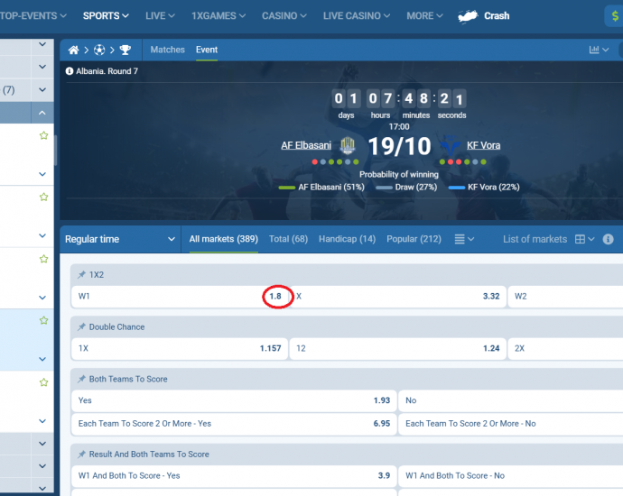 AF Elbasani VS Vora koeficientët në 1xbet 19.10.2025