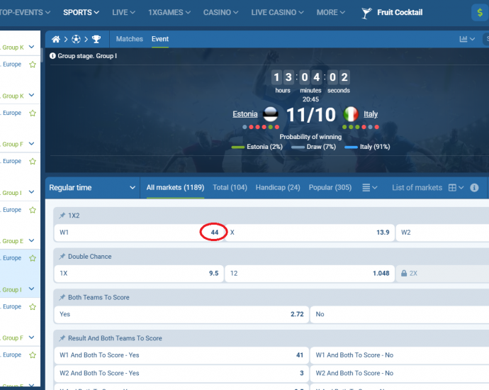 Estoni VS Itali koeficientët në 1xbet 11.10.2025