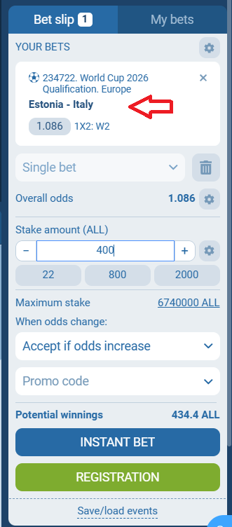 Estoni VS Itali koeficientët në 1xbet 11.10.2025