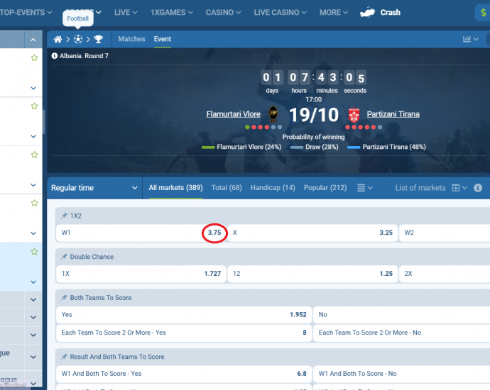 Flamurtari VS Partizani koeficientët në 1xbet 19.10.2025