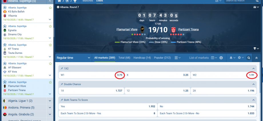 Flamurtari VS Partizani koeficientët në 1xbet 19.10.2025