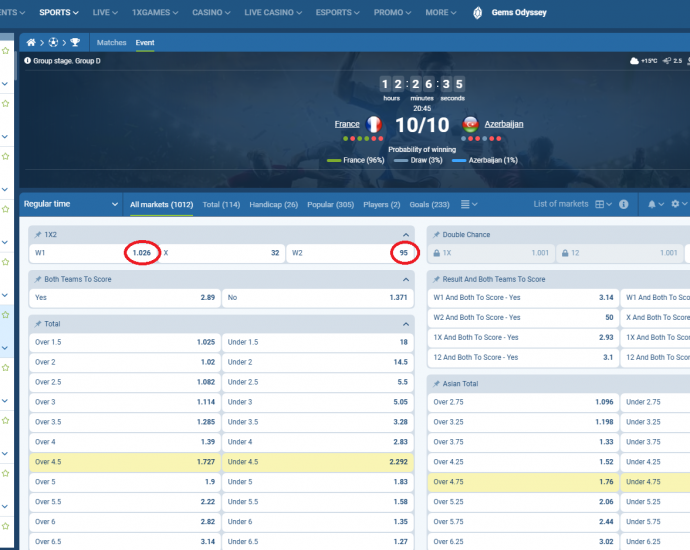 Franca VS Azerbajxhani koeficientët në 1xbet 10.10.2025