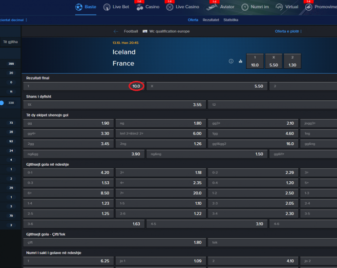 Islande VS France koeficientët në Mozzartbet 13.10.2025