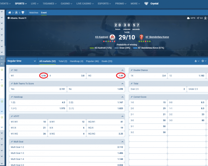 Kastrioti VS Skënderbeu koeficeintët në 1xbet 29.10.2025