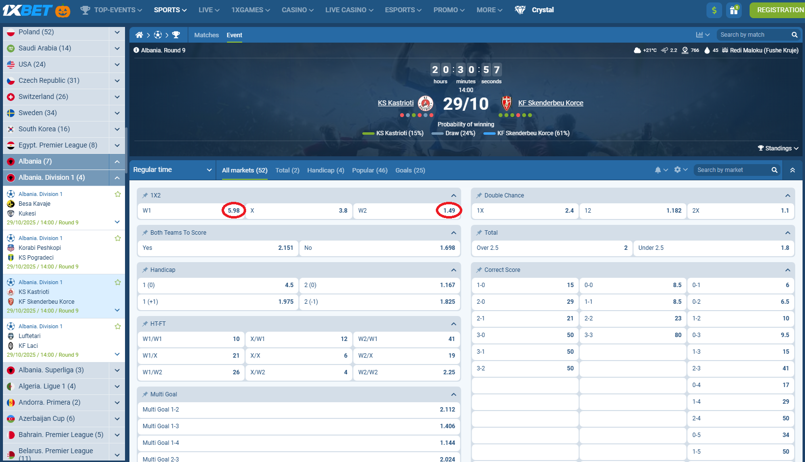 Kastrioti VS Skënderbeu koeficeintët në 1xbet 29.10.2025