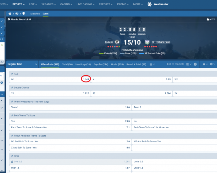 Kukësi VS Terbuni koeficientët në 1xbet 15.10.2025