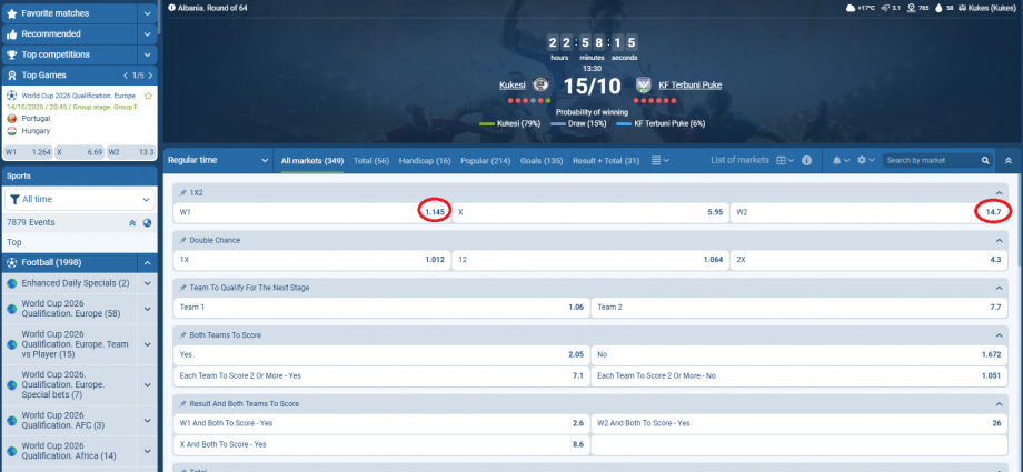 Kukësi VS Terbuni koeficientët në 1xbet 15.10.2025