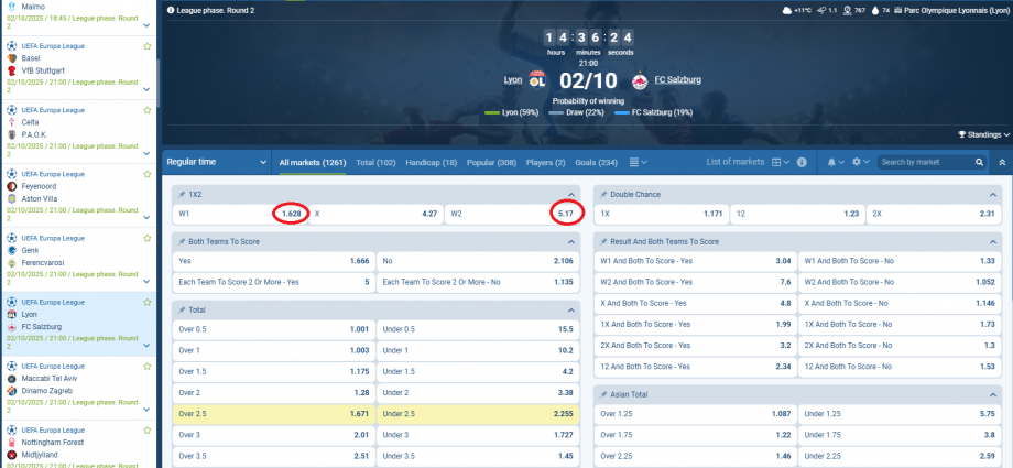 Lyon VS Salzburg koeficientët në 1xbet 02.10.2025