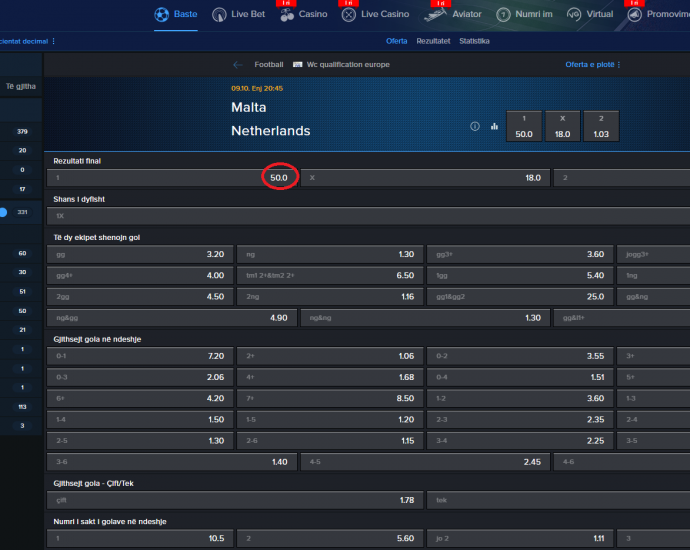 Malta VS Hollanda koeficientët në Mozzartbet 09.10.2025