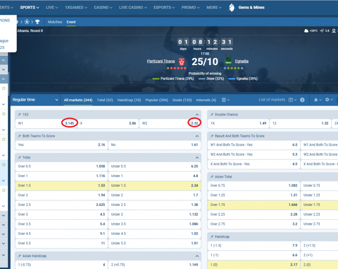 Partizani VS Egnatia koeficientët në 1xbet 25.10.2025