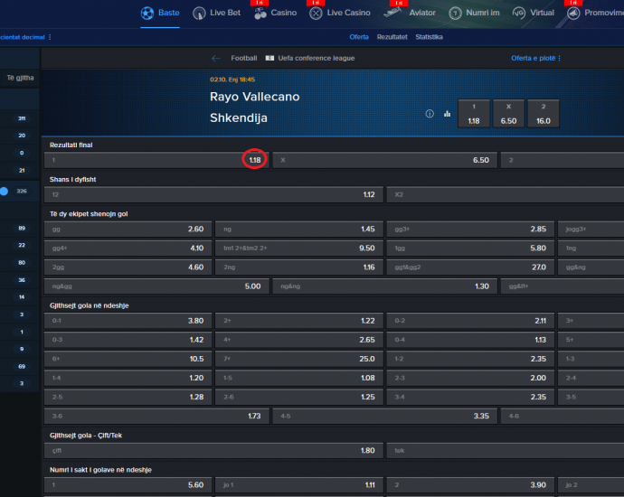 Rayo Vallecano VS Shëkndija koeficientët në Mozzartbet 02.10.2025