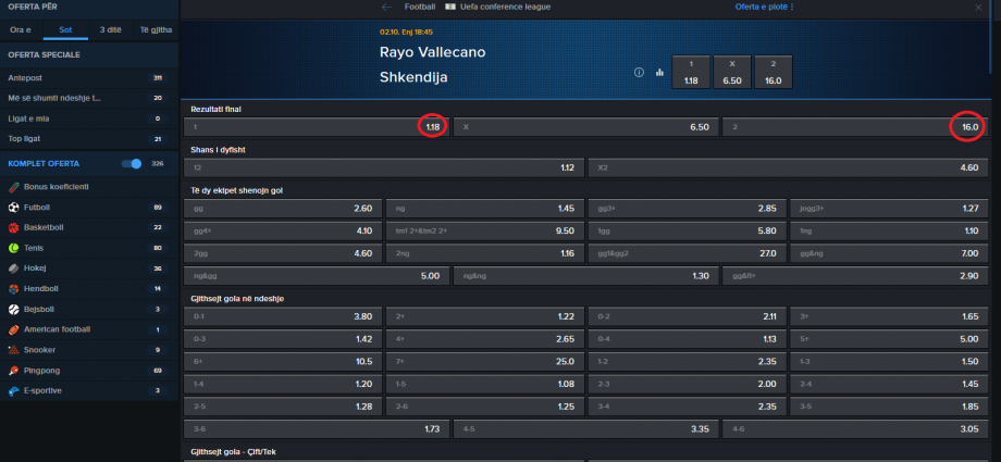 Rayo Vallecano VS Shëkndija koeficientët në Mozzartbet 02.10.2025