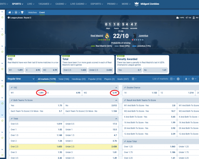 Real Madrid VS Juventus koeficientët në 1xbet 22.10.2025