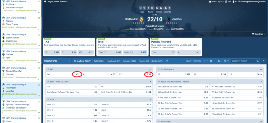 Real Madrid VS Juventus koeficientët në 1xbet 22.10.2025