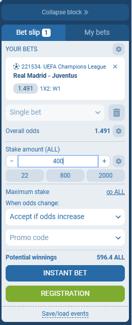 Real Madrid VS Juventus koeficientët në 1xbet 22.10.2025