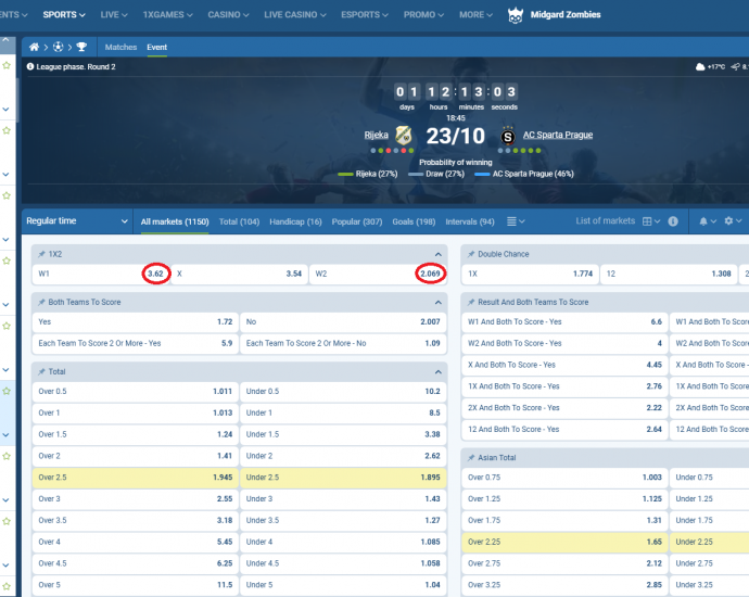 Rijeka VS Sparta Prague koeficientët në 1xbet 23.10.2025