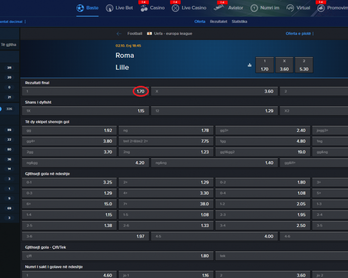 Roma VS Lille koeficientët në Mozzartbet 02.10.2025