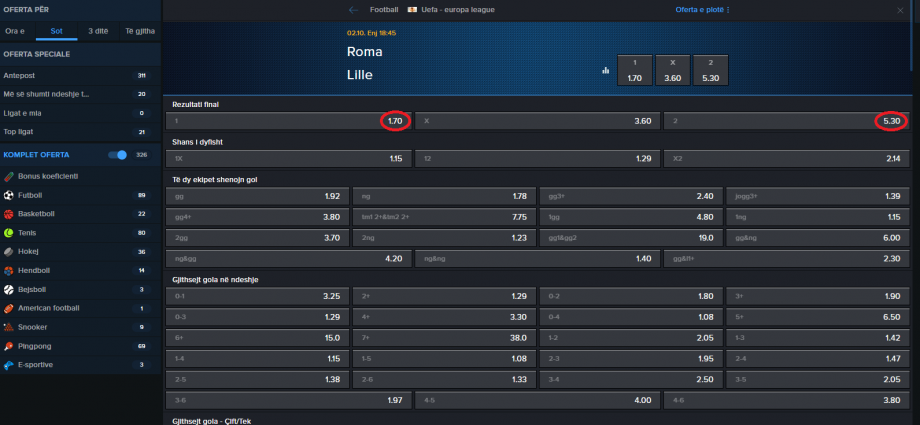 Roma VS Lille koeficientët në Mozzartbet 02.10.2025