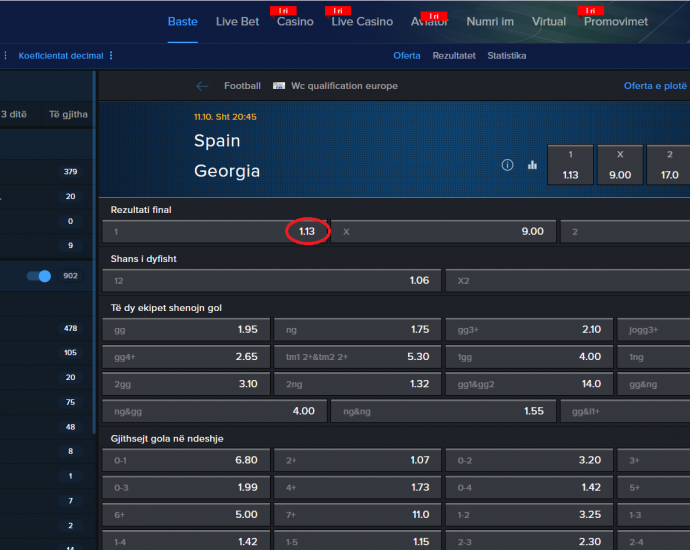 Spanja VS Gjeorgjia koeficientër në Mozzartbet 11.10.2025