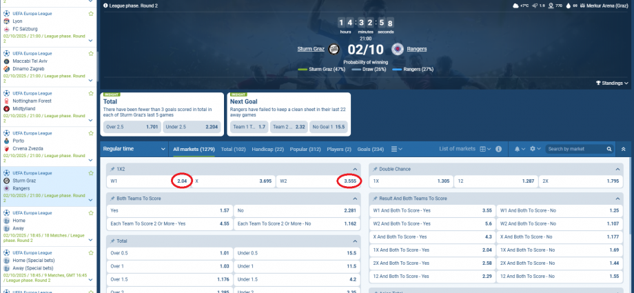 Sturm Graz VS Rangers koeficientët në 1xbet 02.10.2025