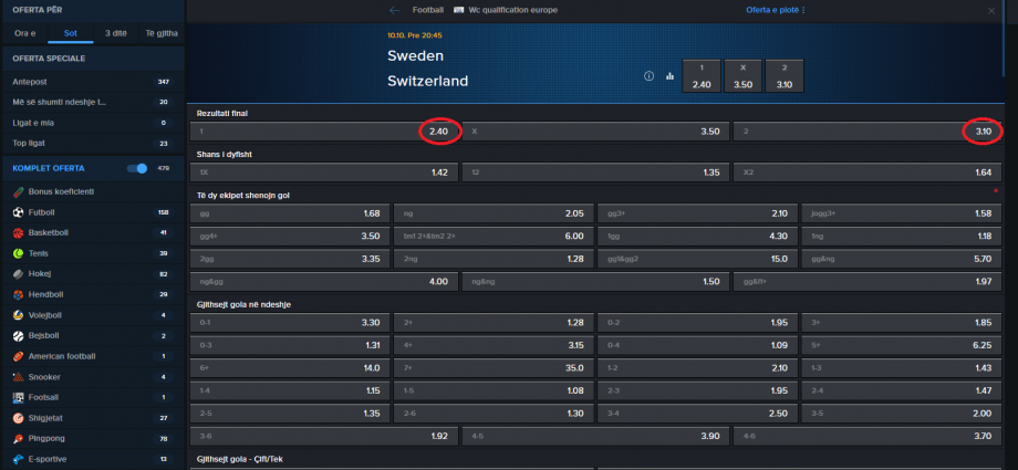 Suedi VS Zvicër koeficientët në Mozzartbet 10.10.2025