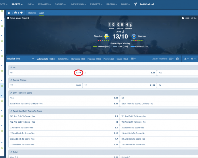 Suedi VS Kosova koeficientët në 1xbet 13.10.2025