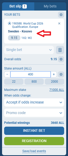 Suedi VS Kosova koeficientët në 1xbet 13.10.2025