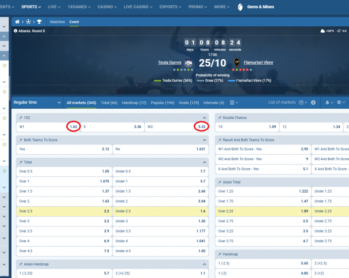 Teuta VS Flamurtari koeficientët në 1xbet 25.10.2025