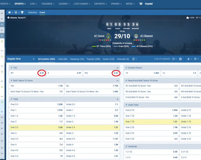 KF Tirana VS AF Elbasani koeficientët në 1xbet 29.10.2025