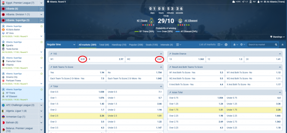 KF Tirana VS AF Elbasani koeficientët në 1xbet 29.10.2025