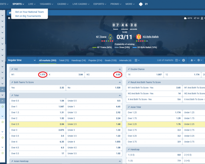 Tirana VS Bylis koeficientët në 1xbet 02.11.2025