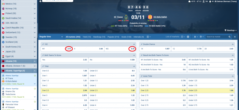 Tirana VS Bylis koeficientët në 1xbet 02.11.2025