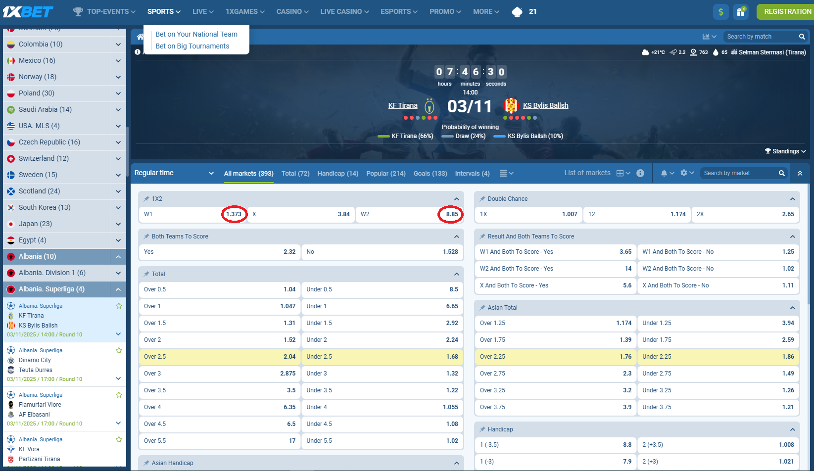Tirana VS Bylis koeficientët në 1xbet 02.11.2025