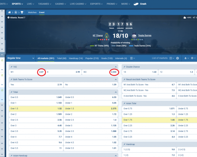 KF Tirana VS Teuta koeficientët në 1xbet 18.10.2025