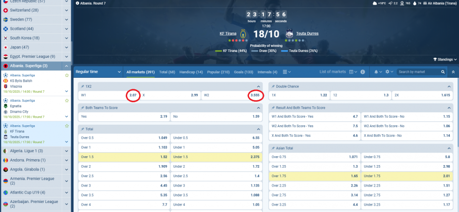 KF Tirana VS Teuta koeficientët në 1xbet 18.10.2025