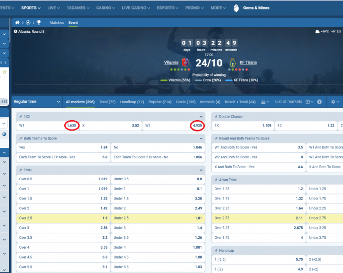 Vllaznia VS KF Tirana koeficientët në 1xbet 24.10.2025