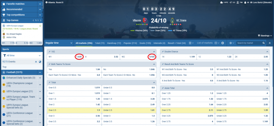 Vllaznia VS KF Tirana koeficientët në 1xbet 24.10.2025