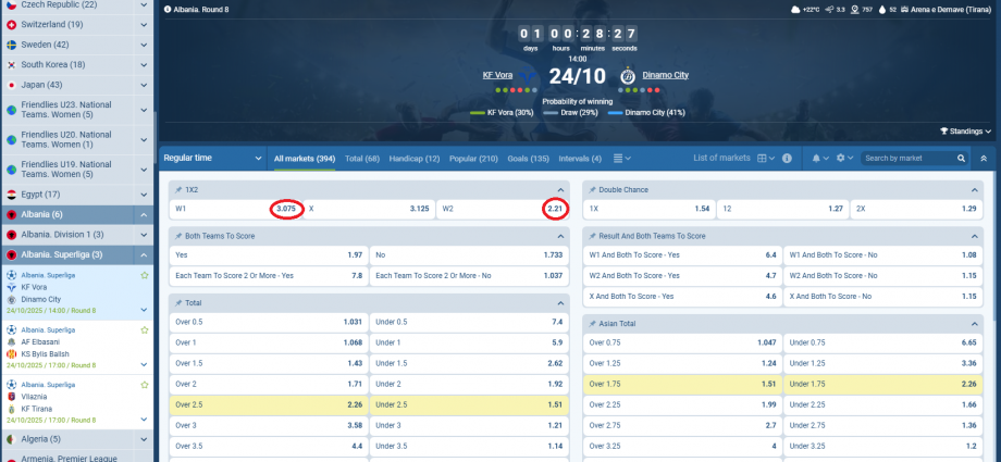 Vora VS Dinamo Tirana koeficientët në 1xbet 24.10.2025