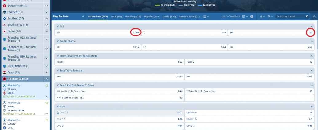 Vora VS Maliqi koeficientët në 1xbet 15.02.2025