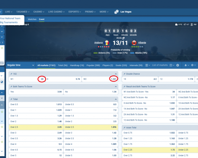 Andorra VS Shqipëri koeficientët në 1xbet 12.11.2025