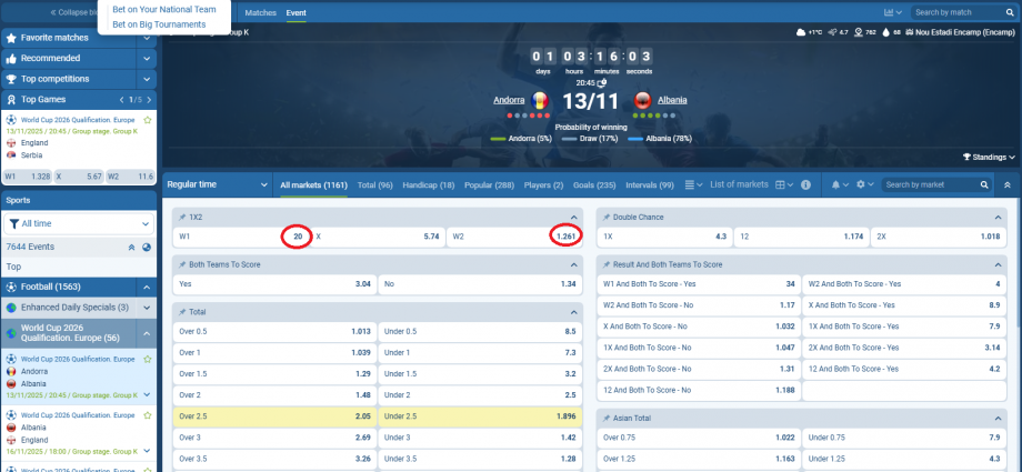 Andorra VS Shqipëri koeficientët në 1xbet 12.11.2025