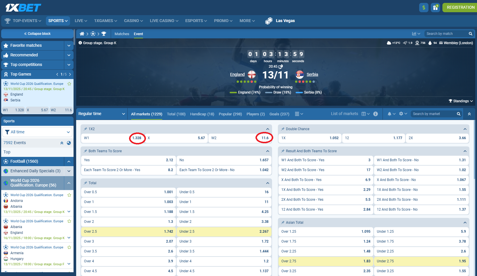 Angli VS Serbi koeficeintët në 1xbet 12.11.2025