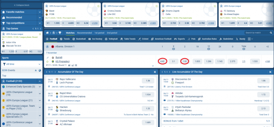 Burreli VS Pogradeci koeficientët në 1xbet 07.11.2025
