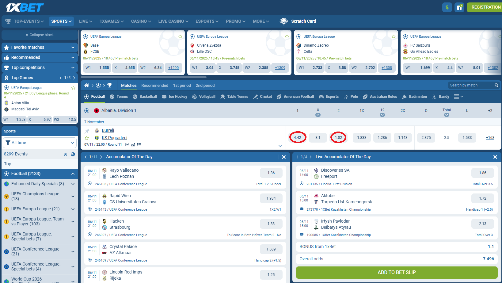 Burreli VS Pogradeci koeficientët në 1xbet 07.11.2025