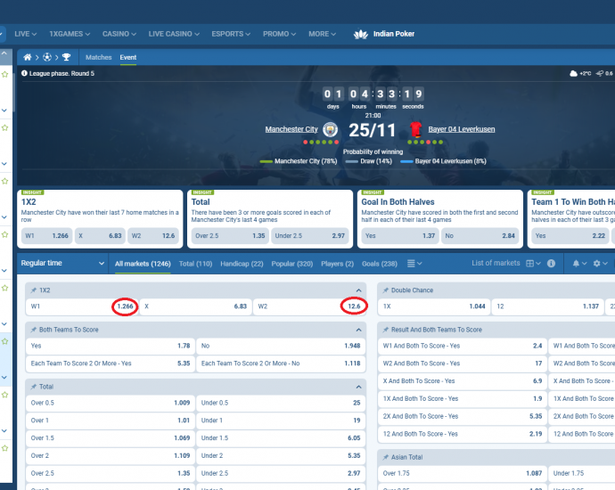 Manchester City VS Bayer Leverkusen koeficientët në 1xbet 25.11.2025