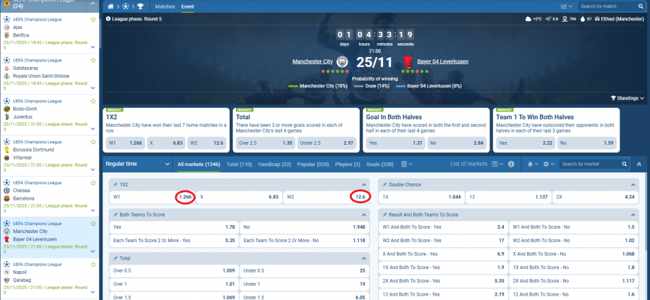Manchester City VS Bayer Leverkusen koeficientët në 1xbet 25.11.2025