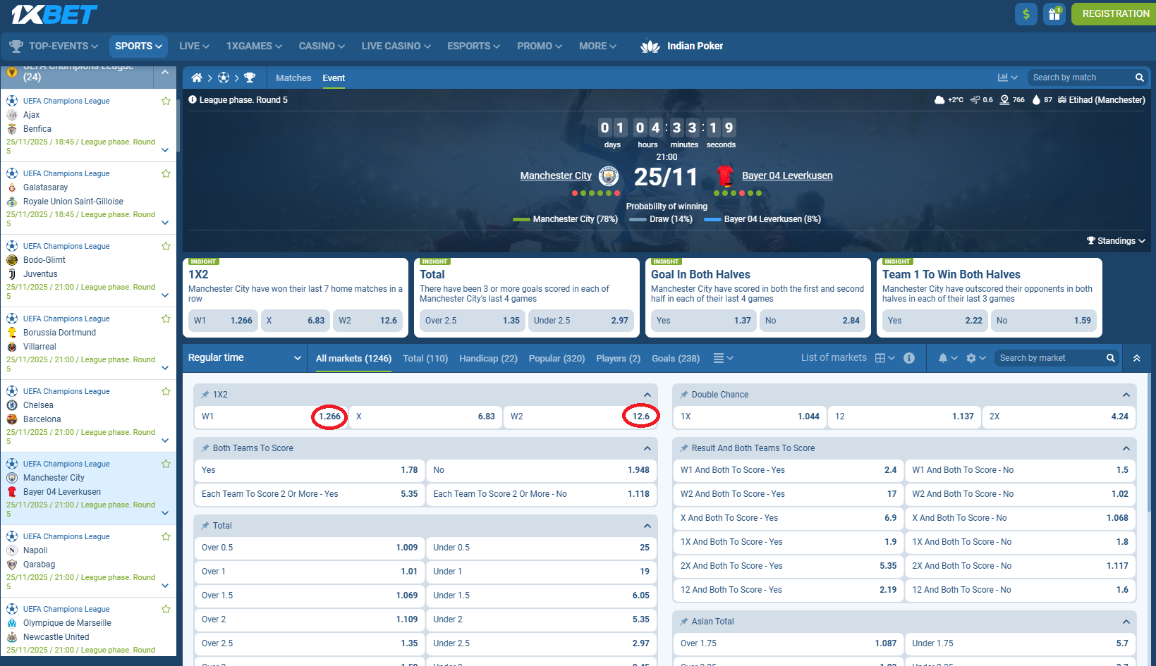 Manchester City VS Bayer Leverkusen koeficientët në 1xbet 25.11.2025