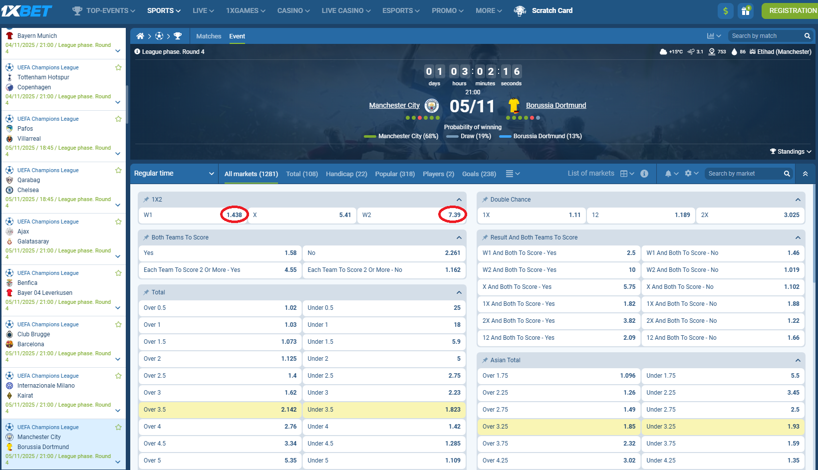 Manchester City VS Dortmund koeficientët në 1xbet 04.11.2025